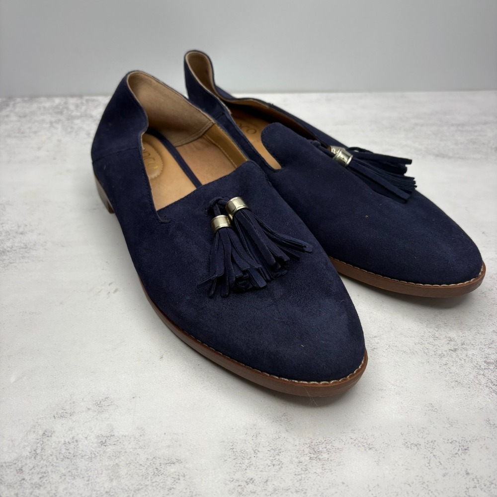 Franco Sarto Hadden Loafers 8M Navy Blue Suede Tasseled Modern Prep Quiet Luxury